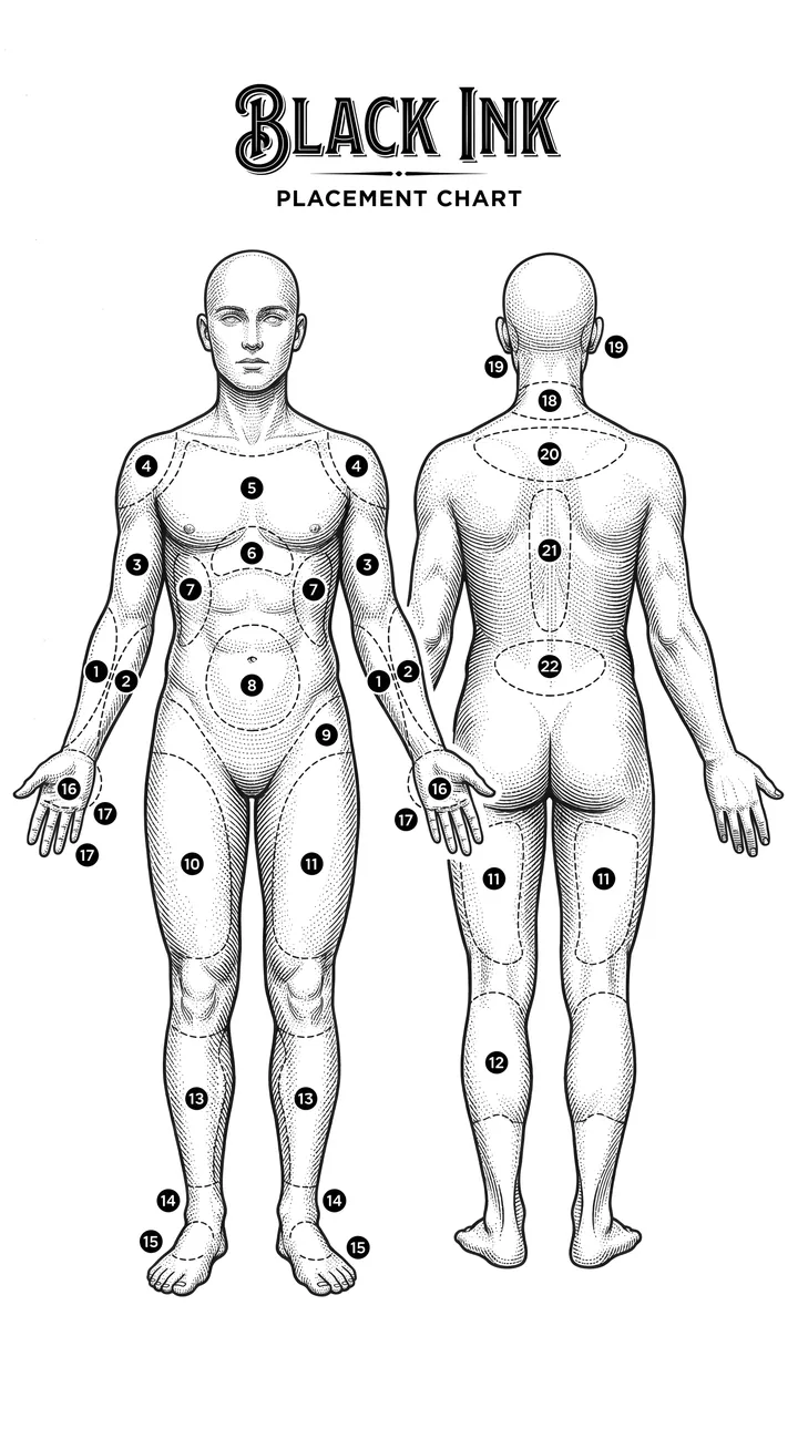 Placement chart: front and back of a body with numbered spots