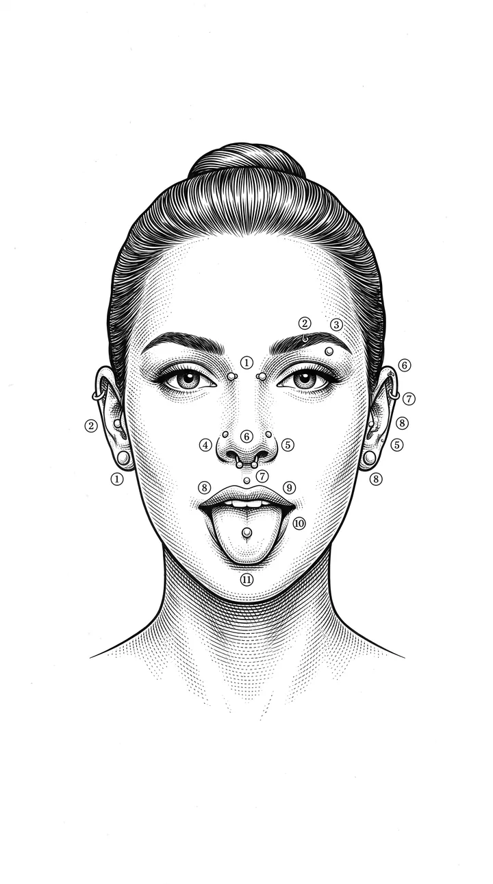 Face close-up chart with numbered piercing spots