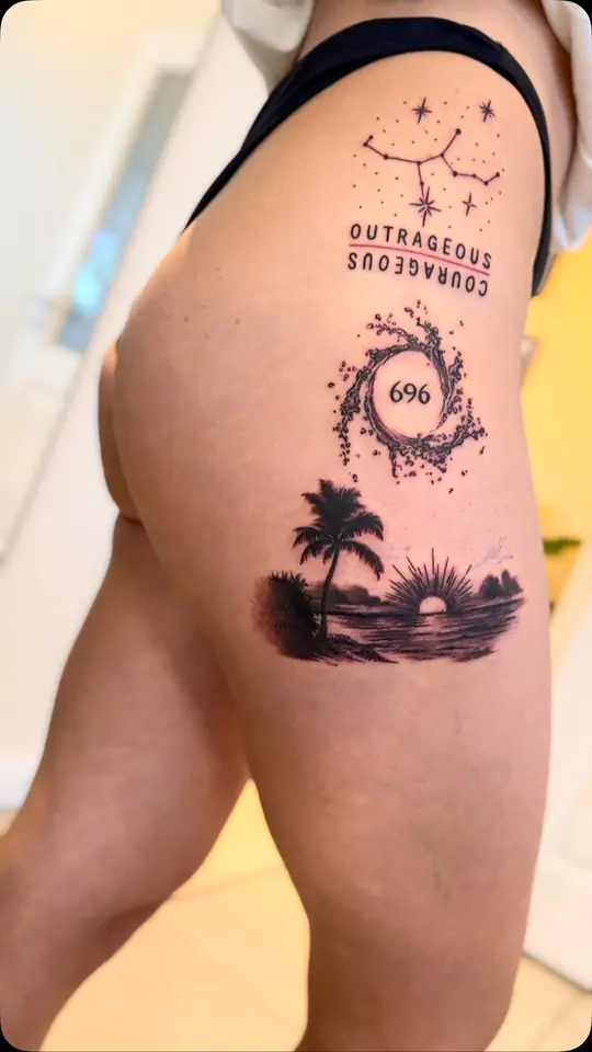 Blackwork tattoos on hip and thigh